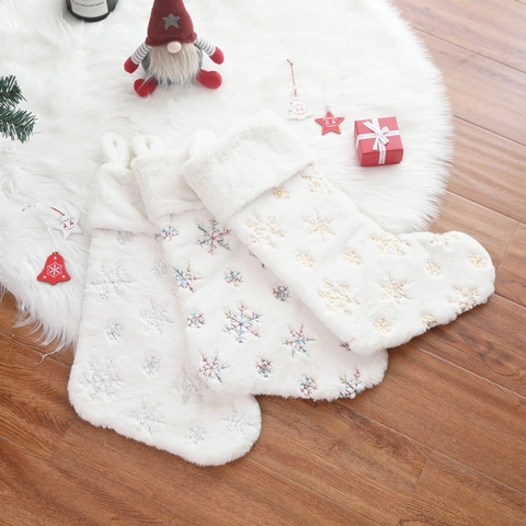 Christmas Stockings Faux Rabbit Fur Sequin Snowflake Embroidery Soft White Hanging Xmas Tree Decor For Holiday Party