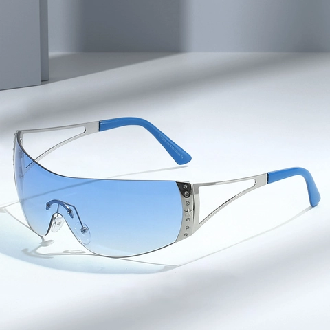 Y2K Rimless Shield Sunglasses One Piece Oversized Rhinestone Star Decor Metal Frame UV400 Cyber Style Unisex