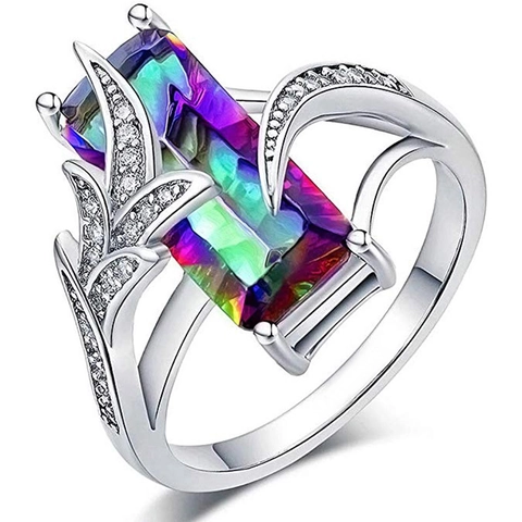 Rechteckiger Edelstein Ring Kupfer Zirkon Blatt Dekorative Band Smaragdschliff Regenbogen Schmuck Damen Luxus Fingerring
