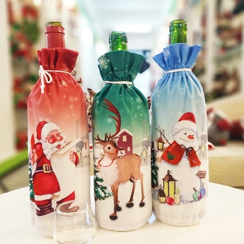 Christmas Wine Bottle Cover Soft Fabric Drawstring Santa Snowman Reindeer Printed Dinner Table Party Festive Decoration