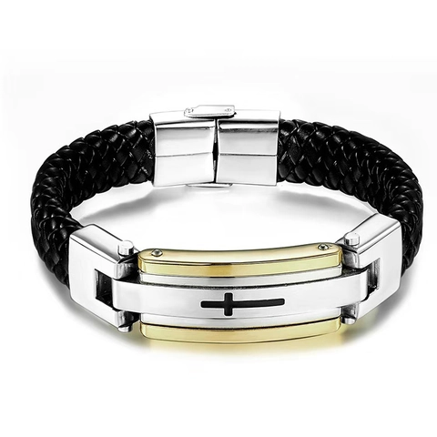 Pulsera De Cuero Trenzado Para Hombre Con Cruz De Acero Inoxidable Patrón Griego Pulido Joyería Retro De Moda