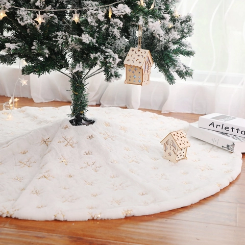 Christmas Tree Skirt White Faux Fur Plush Sequin Embroidered Snowflake Pattern Round Holiday Decor