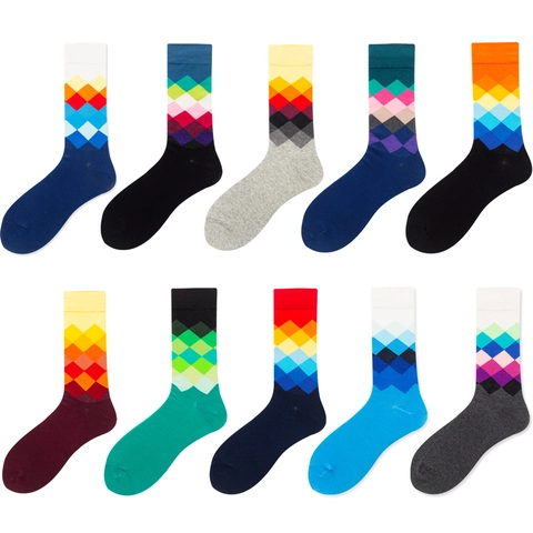Argyle Crew Socken Gekämmte Baumwolle Atmungsaktiv Buntes Geometrisches Muster Lässig Modisch Neuheit Unisex