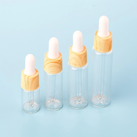 Transparent Glass Dropper Bottles With Wood Grain Lid Portable Empty Refillable Essential Oil Serum Cosmetic Container Travel Size