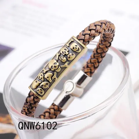 Pulsera Cuero Trenzado Hombre Placa Aleación Calavera Retro Punk Hip Hop Con Cierre Magnético Bronce