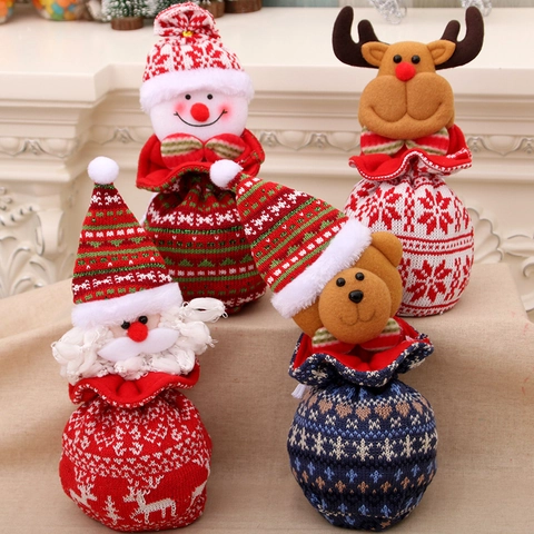 Sacs Cadeaux De Noël Tricotés Toile De Jute Cordon Bonbons Pomme Rangement Décoration De Fête Père Noël Bonhomme De Neige