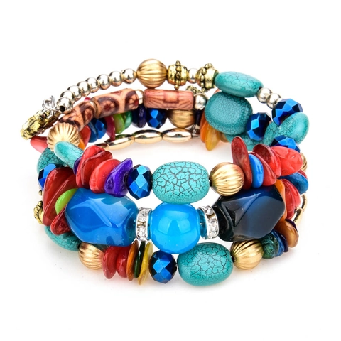 Bohemian Multi-layer Beaded Bracelet Alloy Natural Stone Resin Acrylic Vintage Ethnic Style Elastic Jewelry For Women