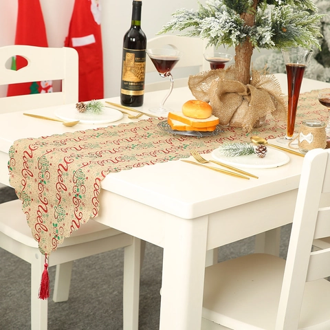 Christmas Table Runner Polyester Linen Scalloped Edge Tassel Reindeer Snowflake Noel Holiday Dinner Table Decoration