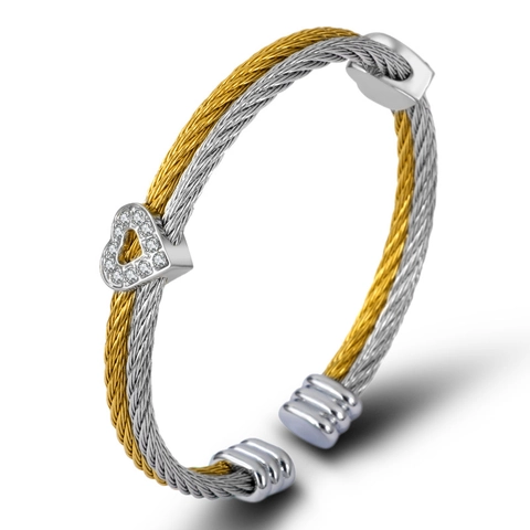 Fashion Stainless Steel Cable Twisted Wire Heart Cuff Bangle With Zirconia For Women Men Unisex Twisted Rope Jewelry Bracelet