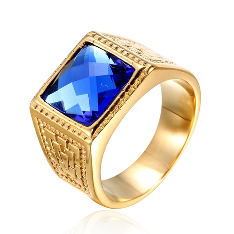 Herren Siegelring Edelstahl Quadratischer Roter Schwarzer Rhinestone Breites Band Geometrisches Muster Mode Schmuck Vergoldet