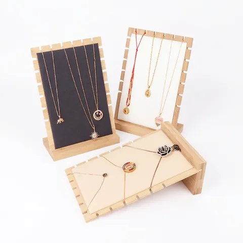 Necklace Display Stand Bamboo Wood Velvet PU Leather Pendant Jewelry Organizer Showcase Detachable Countertop Multi Slot