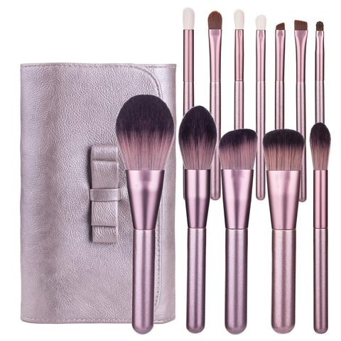 Pennelli Da Trucco Professionali Viola Setole In Fibra Morbida Manico In Legno Con Borsa In PU Per Ombretto E Cipria
