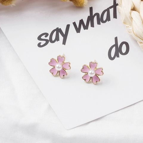 Sakura Cherry Blossom Earrings Pink Enamel Flower Alloy Imitation Artificial Pearl Studs Hooks Clips Sweet Jewelry For Women
