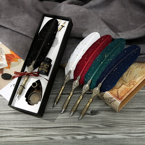 Vintage European Dip Pen Calligraphy Writing Gift With Ink Bottle Metal Stand Replacement Nibs Retro Style