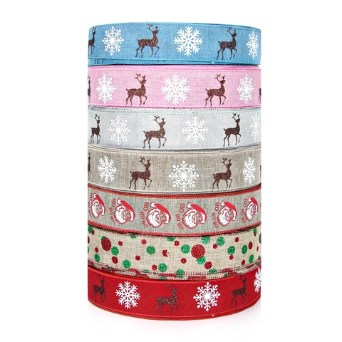 Cinta De Navidad Decorativa Imitación Lino Copo De Nieve Reno Papá Noel Patrón Para Envoltura De Regalos DIY Decoración