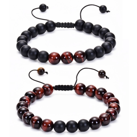 Handmade Natural Red Tiger Eye And Matte Black Stone Beaded Bracelet Adjustable Woven Rope Jewelry For Men Women