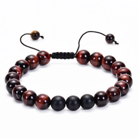 Handmade Natural Red Tiger Eye And Matte Black Stone Beaded Bracelet Adjustable Woven Rope Jewelry For Men Women