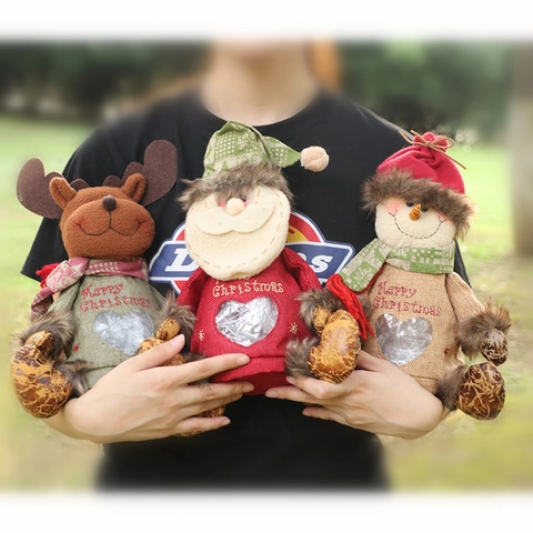 Christmas Candy Gift Bags Burlap Plush Santa Snowman Reindeer Round Bottom Zipper Transparent Heart Window Festive Decor