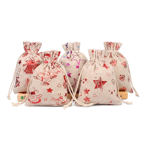 Christmas Drawstring Gift Bags Linen Burlap Candy Pouch Santa Reindeer Snowflake Pattern Holiday Party Favor Packaging