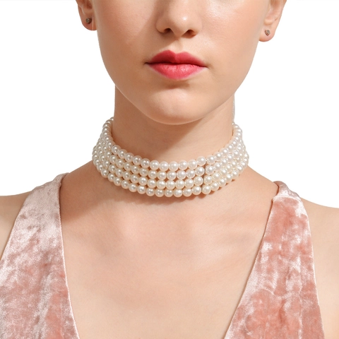 Elegant Four Layer Imitation Artificial Pearl Choker Necklace Vintage Multi Row Faux Bead Collar For Women Wedding Party Jewelry