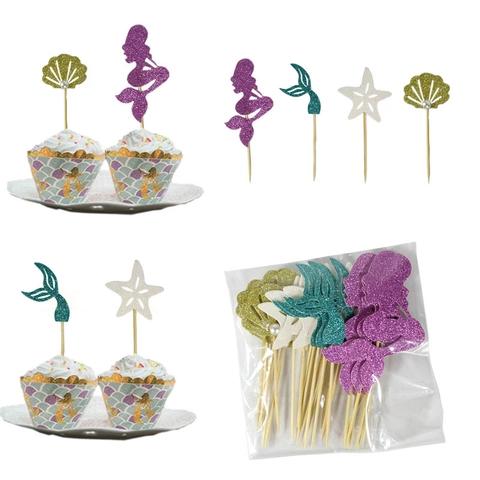 Glitter Mermaid Tail Shell Starfish Cake Toppers For Birthday Party Ocean Theme Cupcake Picks Dessert Decoration