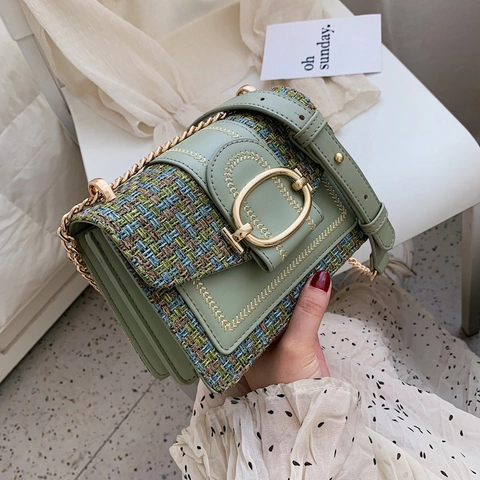 Tweed Stitching Umhängetasche PU Leder Goldkette Schulter Quadratische Handtasche Vintage Elegant Mode Damen