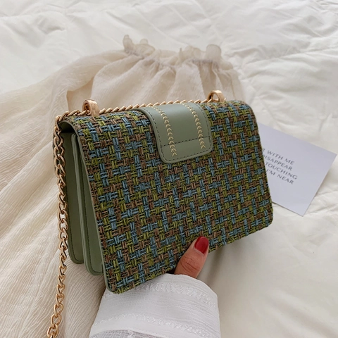 Tweed Stitching Umhängetasche PU Leder Goldkette Schulter Quadratische Handtasche Vintage Elegant Mode Damen