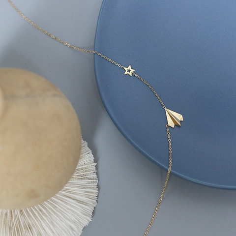 Papierflugzeug Und Stern Anhänger Halskette 14K Vergoldet Titan Stahl Schlüsselbein Kette Minimalistischer Schmuck