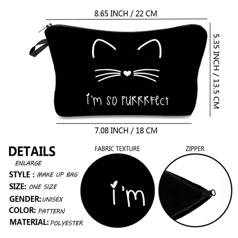 Kosmetiktasche Polyester Katzenprint Tragbare Reiseorganizer Tasche Für Damen Mit Katzen Gesicht Schlüsselanhänger Pelzball