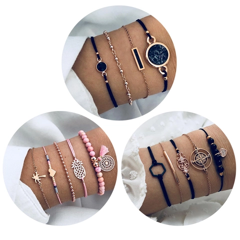 Bracciale Multistrato Boemia Lega Rhinestone Cuore Bussola Esagono Totem Ciondoli Gioielli Vintage Per Donne