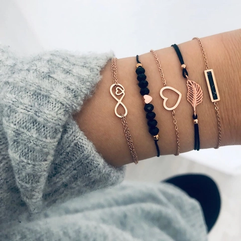 Bracciale Boho Lega Cuore Foglia Infinito Ciondolo Corda Intrecciata Perline Gioielli Di Moda Regalo Elegante Per Donne