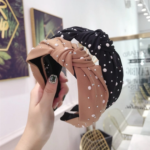 Women Wide Headband Fabric Twisted Knot With Faux Artificial Pearl Rhinestone Korean Style Elegant Hair Hoop Accessory