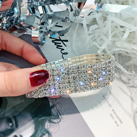 Brazalete De Puño Elástico Con Pedrería De Varias Filas Ancho Para Mujeres Boda Festa Joyería Glamurosa Pulsera De Cobre