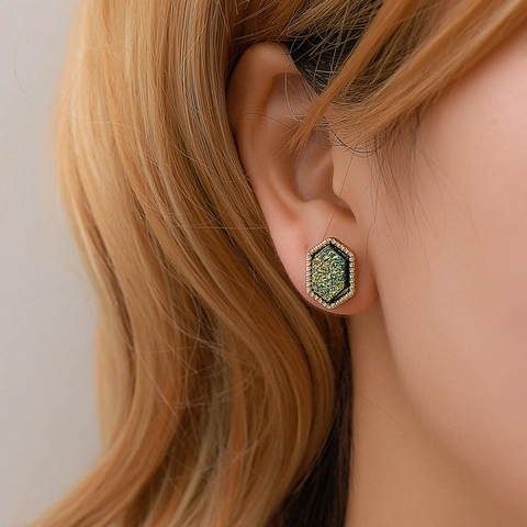 Vintage Hexagonal Alloy Druzy Stud Earrings For Women Western Style Geometric Rhinestone Colorful Earrings Fashion Jewelry Accessories