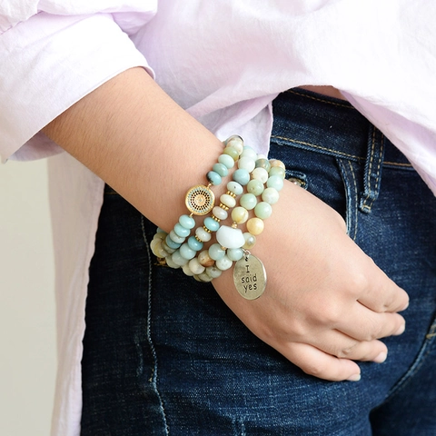 Naturstein Perlenarmband Mit Legierung Kreuz Blatt Und I Said Yes Anhänger Boho Stil Elastischer Schmuck Für Damen