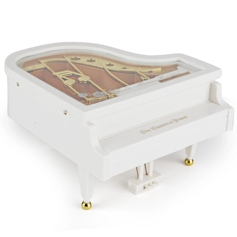 Mini Piano Music Box Mechanical Wind Up White Plastic With Transparent Lid Classical Desktop Decor For Kids Adults Birthday Valentine Gift