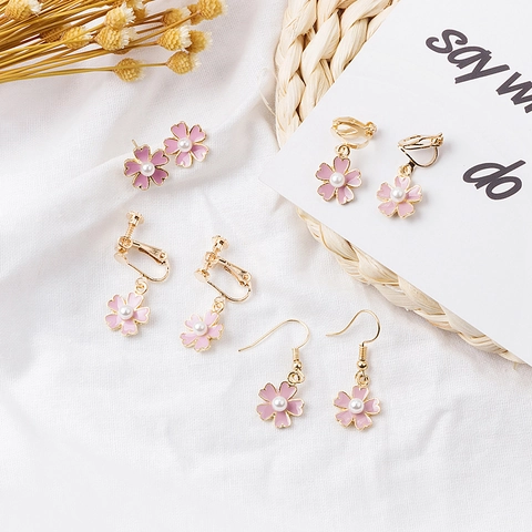 Sakura Cherry Blossom Earrings Pink Enamel Flower Alloy Imitation Artificial Pearl Studs Hooks Clips Sweet Jewelry For Women