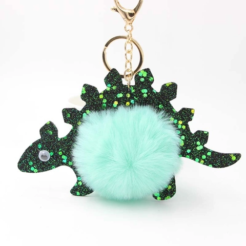 Süßer Dinosaurier Schlüsselanhänger Mit Kunstpelz Bommel Und Glitzer Pailletten Cartoon Stegosaurus Taschenanhänger