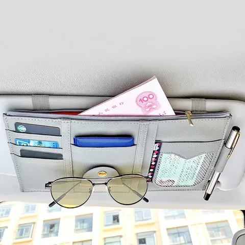 Organizzatore Per Aletta Parasole Auto Borsa In Pelle PU Tasche Multiple Porta Carte Cerniera Clip Occhiali Interni
