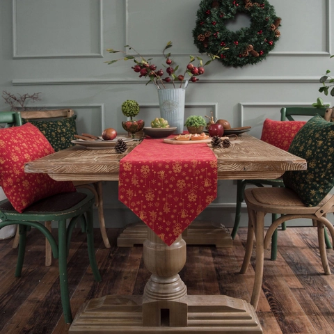 Camino De Mesa Y Mantel Individual De Navidad Algodón Lino Copo De Nieve Dorado Campana Decoración Comedor Estilo Rústico