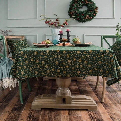 Weihnachten Baumwoll-Leinen Tischdecke Goldprägung Schneeflocke Windspiel Druck Rechteckige Tischdecke Für Festliche Haus Dekoration