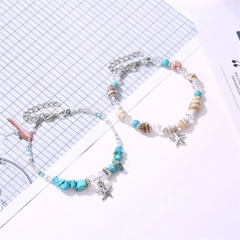 Bohemian Starfish Anklet Natural Shell Faux Turquoise Beaded Adjustable Alloy Beach Jewelry For Women Ocean Style
