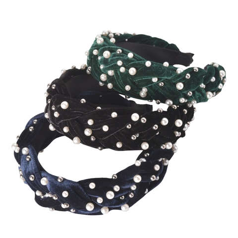 Braided Velvet Headband With Faux Artificial Pearls Rhinestones Handmade Wide Padded Hairband Retro Elegant For Women Girls