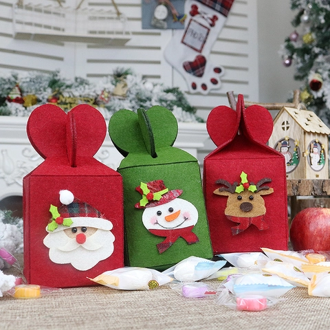 Christmas Gift Bag Foldable Non Woven Fabric Apple Candy Box Holiday Decoration Heart Handle Santa Snowman Reindeer