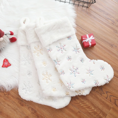 Christmas Stockings Faux Rabbit Fur Sequin Snowflake Embroidery Soft White Hanging Xmas Tree Decor For Holiday Party