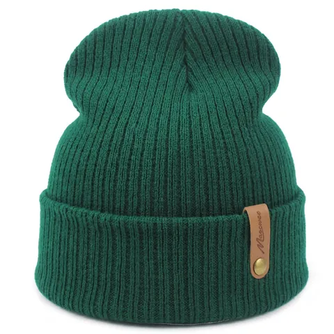 Ribbed Knitted Beanie Hat Warm Acrylic Solid Color Cuff Skull Cap With Leather Patch For Adult Winter Outdoor Fashion