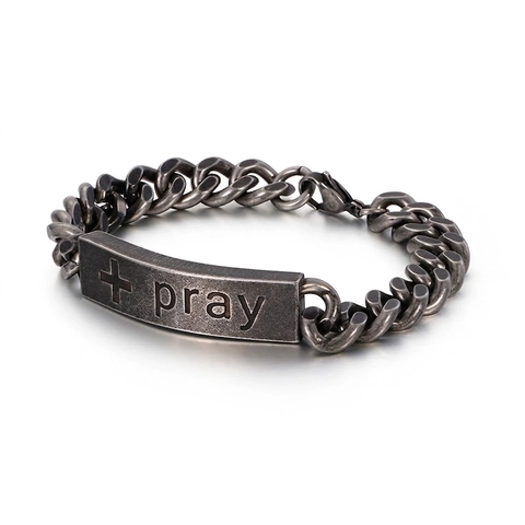 Bracciale Da Uomo In Acciaio Inossidabile 316L Retro Punk Catena Barbazzale Con Piastra Metallica Croce E Preghiera