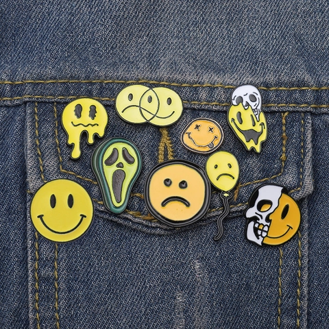 Quirky Cartoon Enamel Pin Set Alloy Melting Smile Face Skull Balloon Brooches For Denim Jacket Backpack Accessory Jewelry