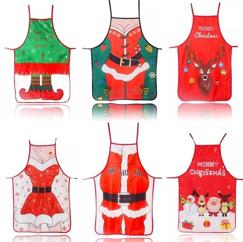 Christmas Printed Apron Polyester Festive Cooking Party Decoration Santa Claus Reindeer Elf Print Novelty Dressing Up
