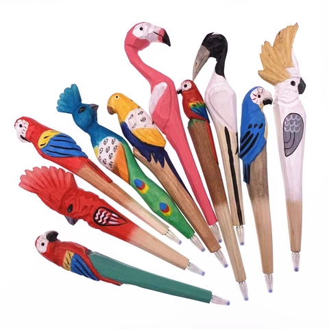Creative Hand Carved Wooden Animal Ballpoint Pen Bird Parrot Flamingo Toucan Novelty Wood Stationery Student Gift